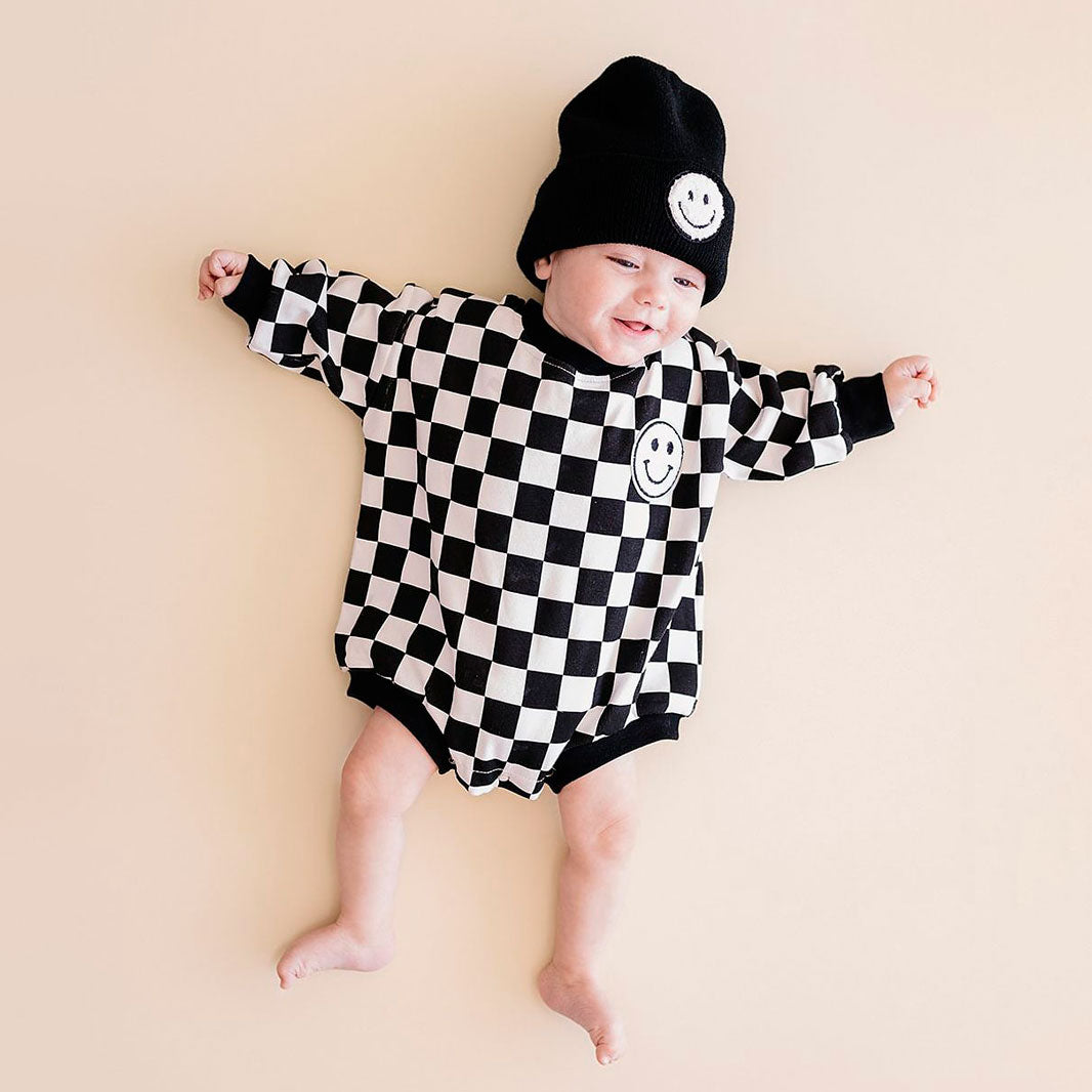 Bubble Romper | Checkered Smiley Black