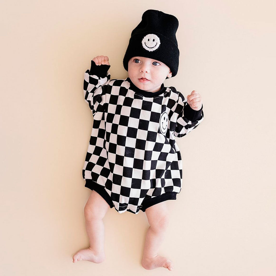 Bubble Romper | Checkered Smiley Black