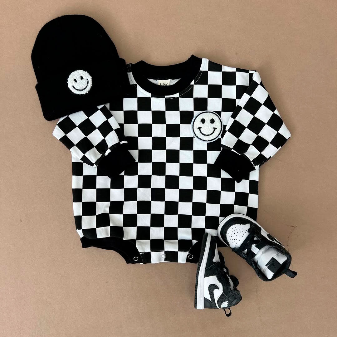 Bubble Romper | Checkered Smiley Black