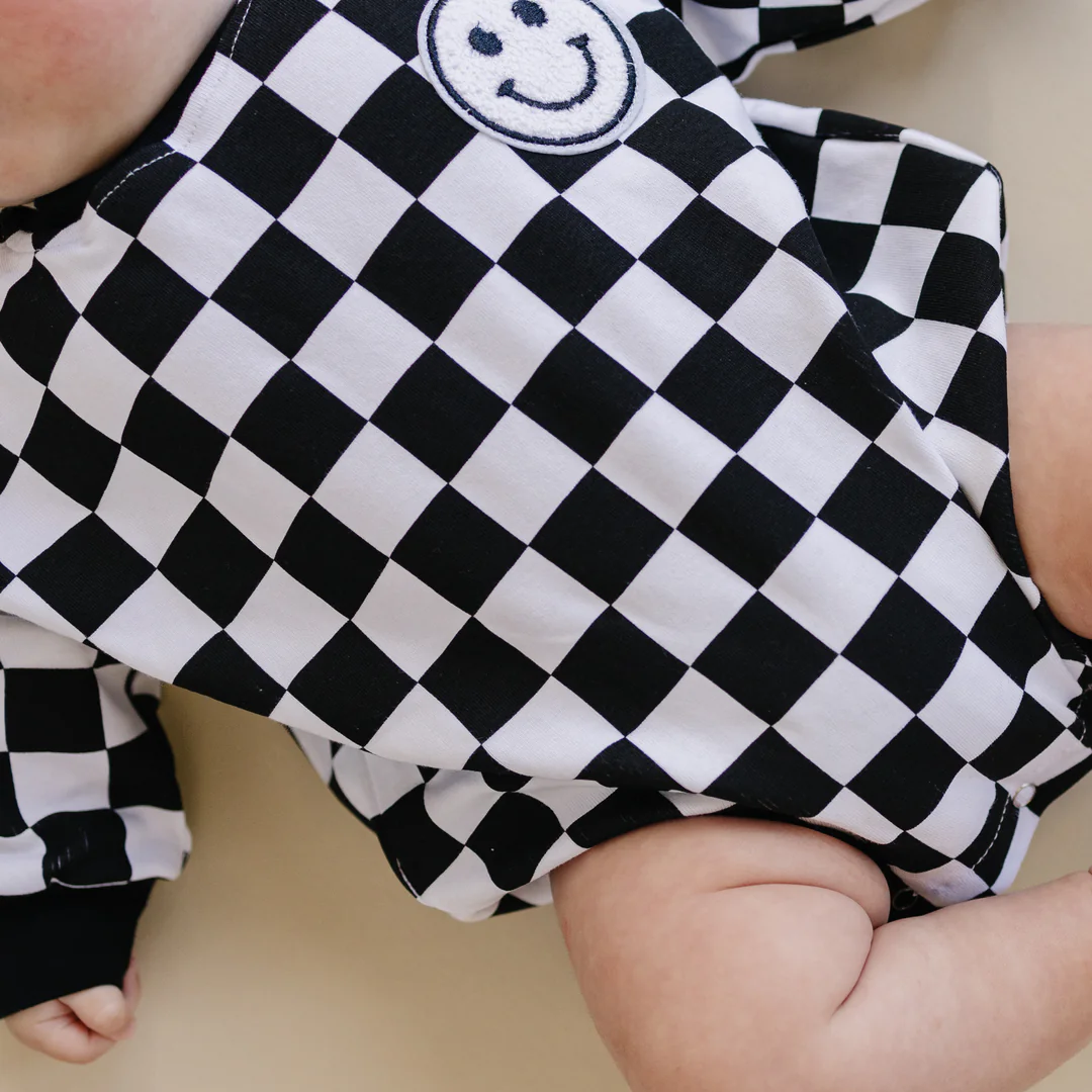 Bubble Romper | Checkered Smiley Black