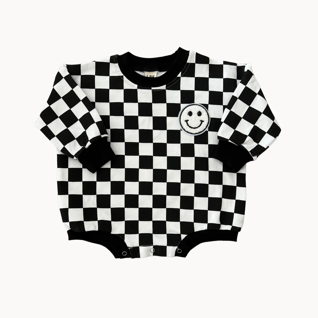Bubble Romper | Checkered Smiley Black