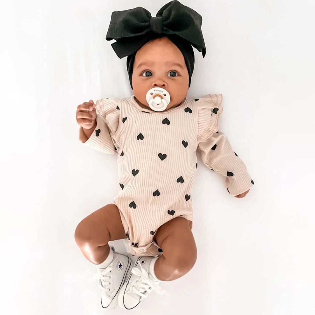 Set of 2 Hearts Flutter Sleeve Romper | Camel & Beige