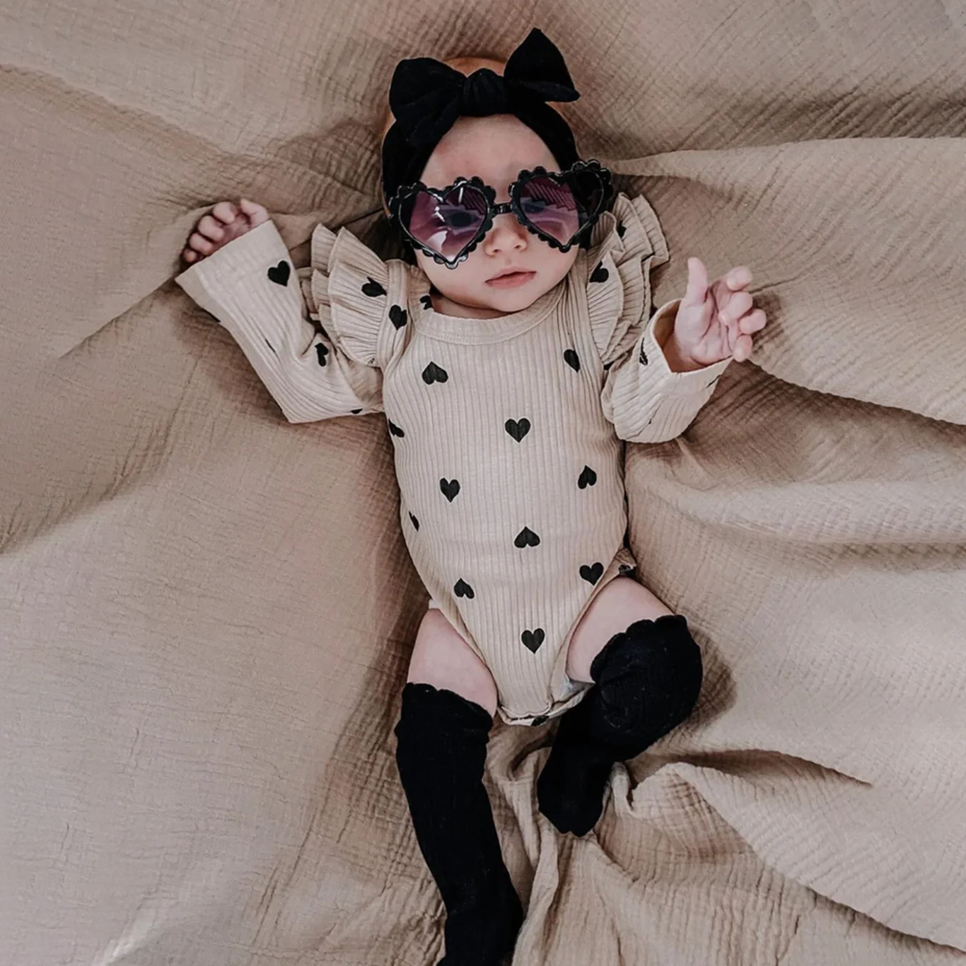 Set of 2 Hearts Flutter Sleeve Romper | Camel & Beige