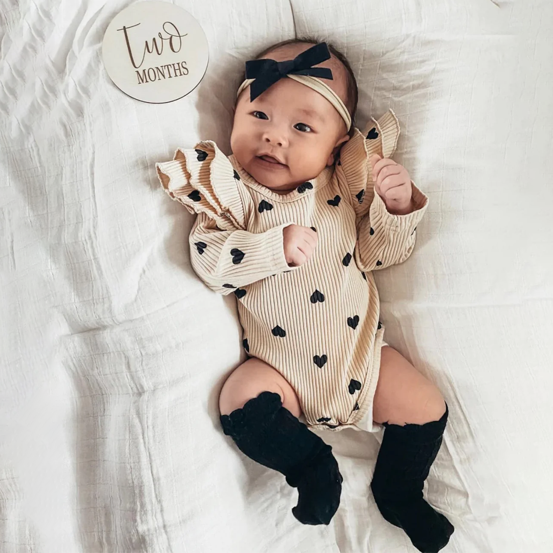 Set of 2 Hearts Flutter Sleeve Romper | Camel & Beige