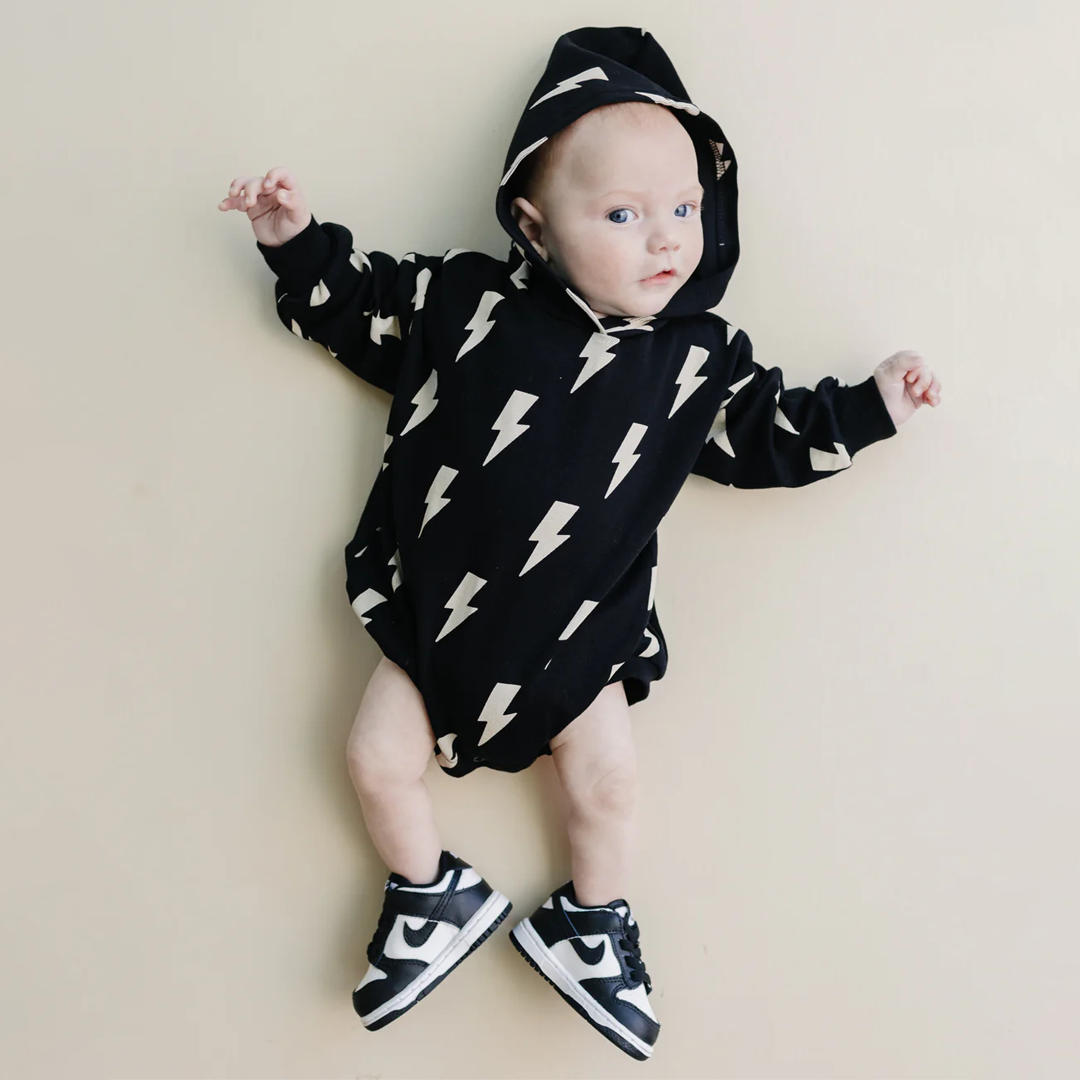 Hooded Bubble Romper | Black Bolts