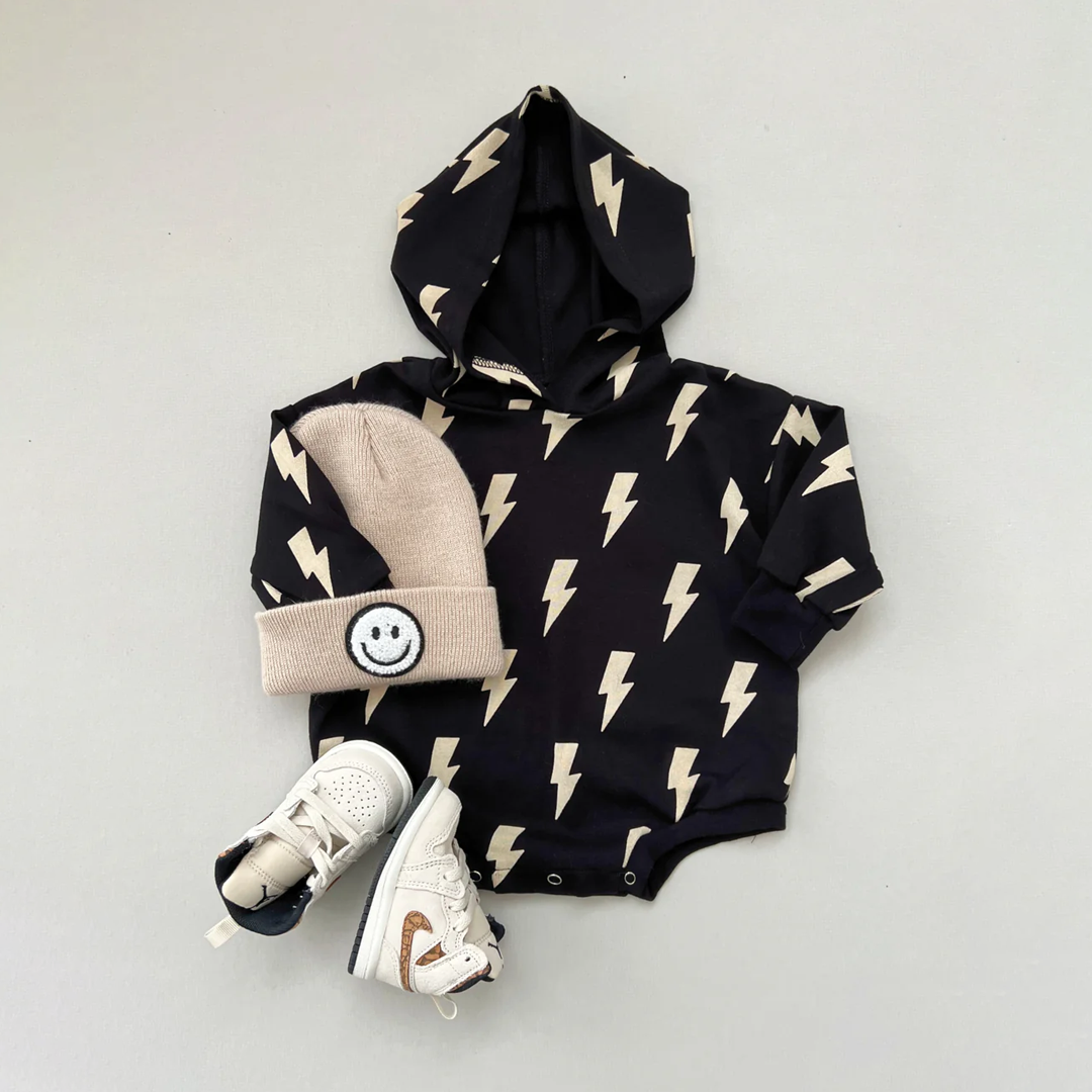 Hooded Bubble Romper | Black Bolts