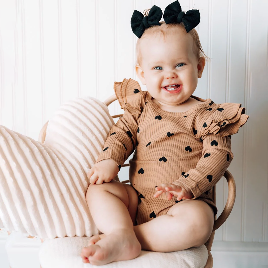 Set of 2 Hearts Flutter Sleeve Romper | Camel & Beige