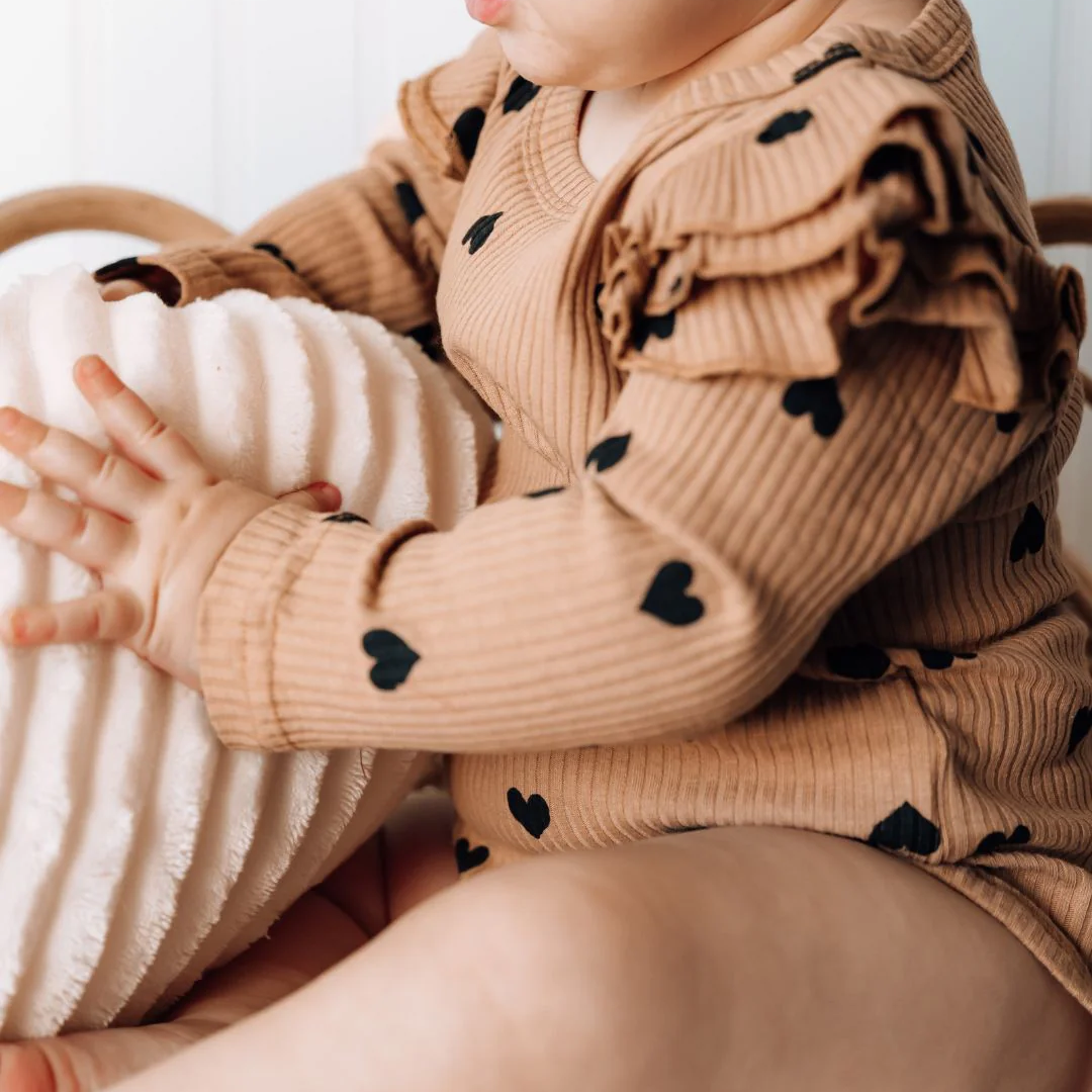 Set of 2 Hearts Flutter Sleeve Romper | Camel & Beige