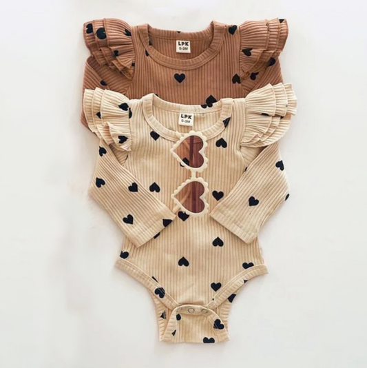 Set of 2 Hearts Flutter Sleeve Romper | Camel & Beige